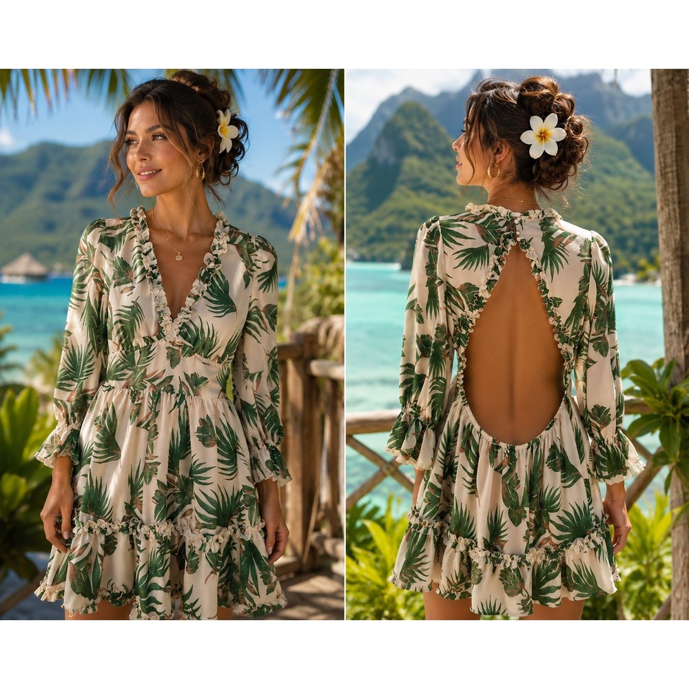 CALIN by Flying Tomato Palm Print Open Back Dress Honeymoon Resort Romance Small